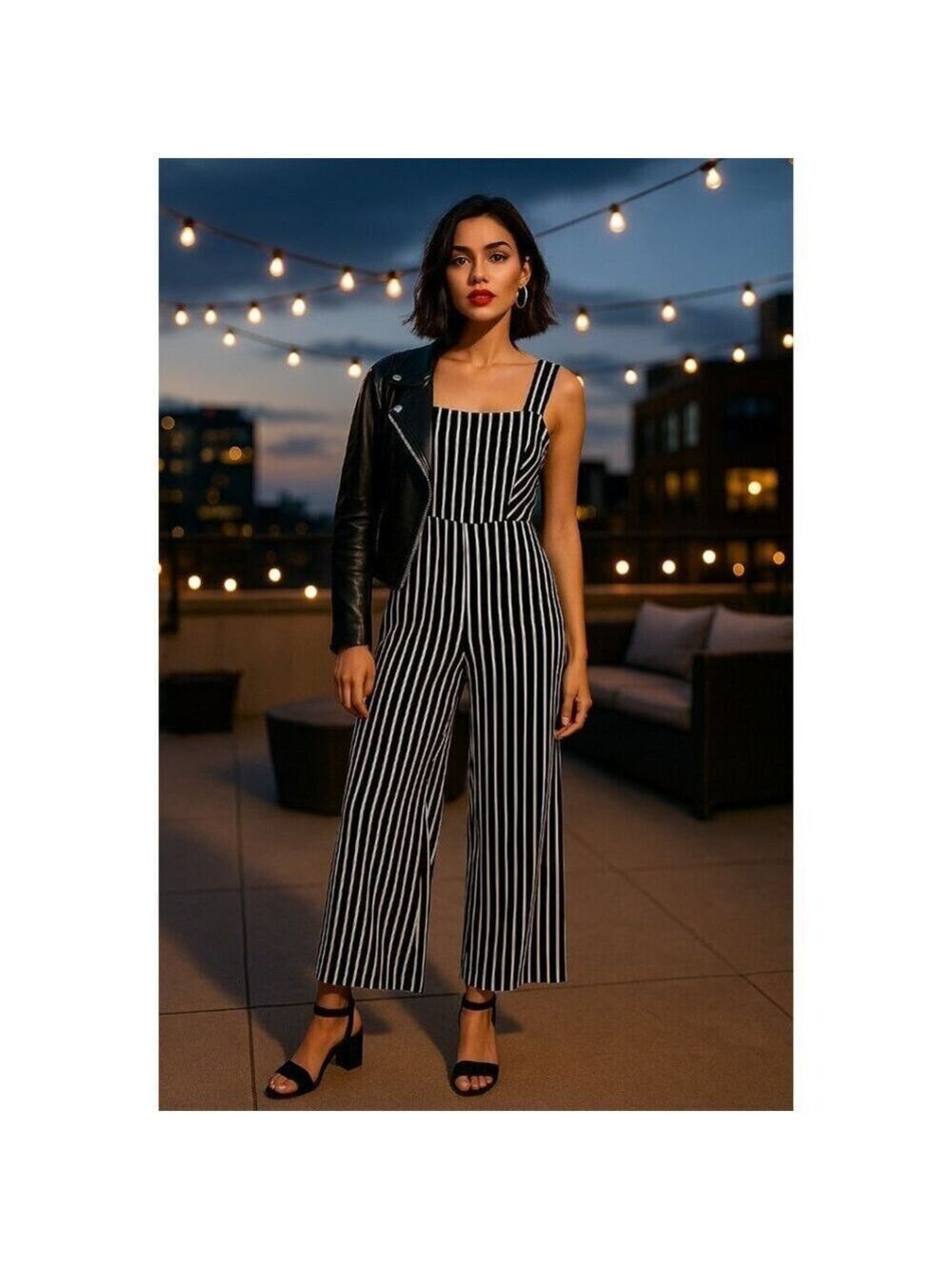 Potter’s Pot Black White Striped Wide Leg Jumpsuit Large | Cutout Tie Back